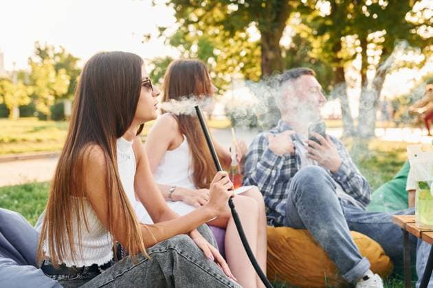 Sitting and smoking hookah. Group of young people have a party in the park at summer daytime., model released, , 51356588.jpg, group, people, hookah, smoking, culture, party, drink, cocktails, alcohol, sitting, relaxing, resting, beverage, armchair, bags, fun, together, outdoors, outside, summer, park, green, grass, caucasian, white, european, ethnicity, casual, clothes, wear, joy, cheerful, wellness, wellbeing, nice, positive, emotions, friends, weekend, leisure, free, time, sunlight, sunshine, beautiful, conversation, talking, communicating, socializing, young RECORD DATE NOT STATED