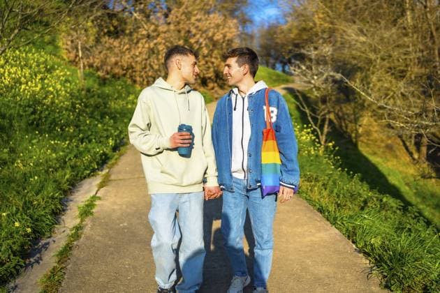 Junges weißes schwules Paar, das sich an den Händen hält und in einem Park spazieren geht, um einen sonnigen Tag zu genießen Young caucasian gay couple holding hands and walking in a park, enjoying a sunny day together Copyright: imageBROKER UnaixHuizi ibxuhu12770839.jpg ,model released, Symbolfoto ,property released