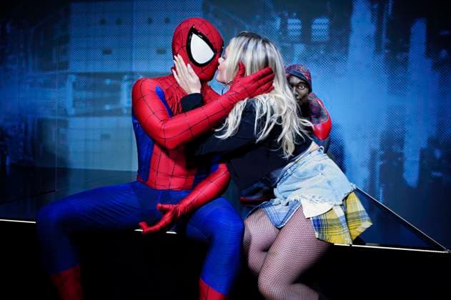 Evelyn Burdecki with Spider Man cosplayer at the opening of the exhibition Marvel The Universe of Super Heroes exhibition at the Odysseum Cologne, 06 03 2025 Foto:xC.xAdolph xFuturexImagex marvel_5234