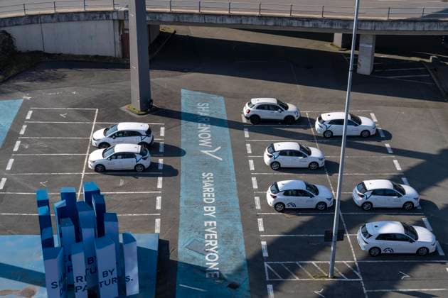 Düsseldorf Airport, car sharing parking lot, Free2move, formerly Sharenow, at the terminal building, NRW, Germany, DUS Airport