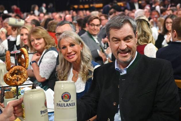 Markus SOEDER State Premier of Bavaria and CSU Chairman with his wife Karin BAUMUELLER SOEDER, toasting to Salvator Starkbier Probe 2025 at the Nockherberg in Munich on 12 03 2025
