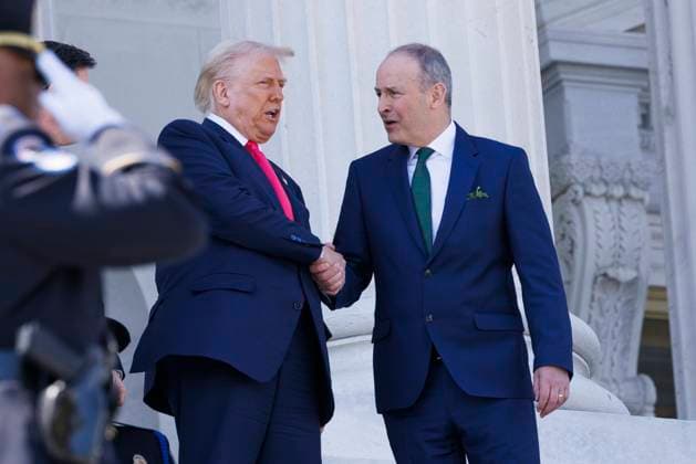 United States President Donald J Trump shakes hands with Micheal Martin, Taoiseach of Ireland, outside the Capitol Building after departing a reception, in Washington in Washington DC, on Wednesday, March 12, 2025 Credit: Aaron Schwartz CNP Washington District of Columbia United States of America EDITORIAL USE ONLY Copyright: xx ASCH46311 AaronxSchwartzx-xCNPx cnpphotos314392