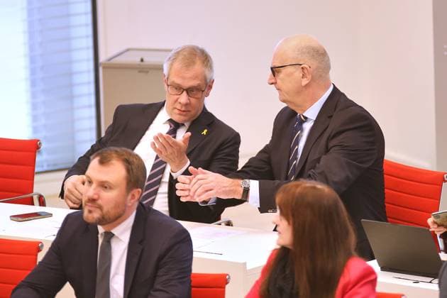 Potsdam, Brandenburg, Germany, 27 03 2025 State Parliament 11 State Parliament session L R Daniel Keller, SPD, Andreas Büttner, die Linke, Dietmar Woidke, SPD, Katrin Lange, SPD Copyright: xdtsxNachrichtenagenturx dts_63291