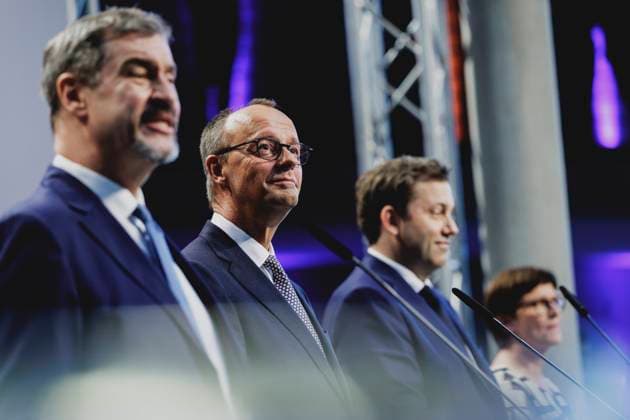 L R Markus Soeder, State Premier of Bavaria, Friedrich Merz, CDU party leader, Lars Klingbeil, SPD party leader and new leader of the SPD parliamentary group, and Saskia Esken, federal leader of the SPD, at a press conference after successful coalition negotiations between the SPD and CDU CSU in Berlin, 09 04 2025 Berlin Germany Copyright: xFlorianxGaertnerx