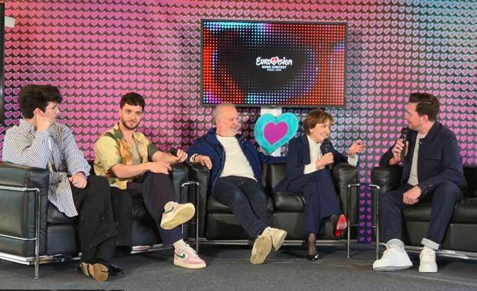 Basel, Switzerland April 14, 2025 Eurovision Song Contest, ESC 2025 Press Conference revealing the Program and Show Parts with Paola Felix, Peter Reber, Luca Hänni, Gjons Tears from the Act Swiss ESC Legacy Mandoga Media Germany ESC Eurovision Song Contest 2025 in Basel