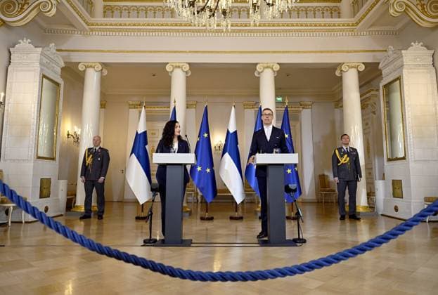 Finnish President Alexander Stubb and President Vjosa Osmani Sadriu of Kosovo during their joint press conference at the Presidential Palace in Helsinki, Finland on April 23, 2025. Helsinki Finland Copyright: xEmmixKorhonenx LKFTJK20250423114205SGZH