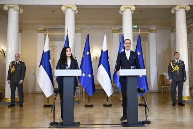 Finnish President Alexander Stubb and President Vjosa Osmani Sadriu of Kosovo during their joint press conference at the Presidential Palace in Helsinki, Finland on April 23, 2025. Helsinki Finland Copyright: xEmmixKorhonenx LKFTJK20250423114943PDMA