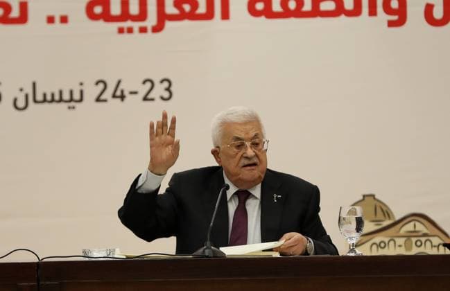 (250423) -- RAMALLAH, April 23, 2025 -- Palestinian President Mahmoud Abbas speaks at a Palestine Liberation Organization (PLO) Central Council meeting in the West Bank City of Ramallah, on April 23, 2025. Abbas on Wednesday called for an international peace conference to be held under the auspices of the United Nations (UN), the United States, Russia, China, the European Union, Japan, South Africa and Brazil, aiming to achieve a just, comprehensive and lasting peace in the region. (Photo by Xinhua) MIDEAST-RAMALLAH-PLO CENTRAL COUNCIL-MEETING AymanxNobani