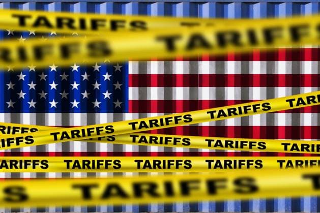 Economic tariffs Concept American Customs duties at the EU Crisis, Trade and Economic War Yellow Volume Customs duties at a blue Shipping container Background Texture with American Flag 1102825898