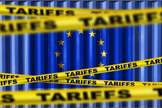 Economic tariffs Concept American Customs duties at the EU Crisis, Trade and Economic War Yellow Volume Customs duties at a blue Shipping container Background Texture with a Europe Flag 1102825897