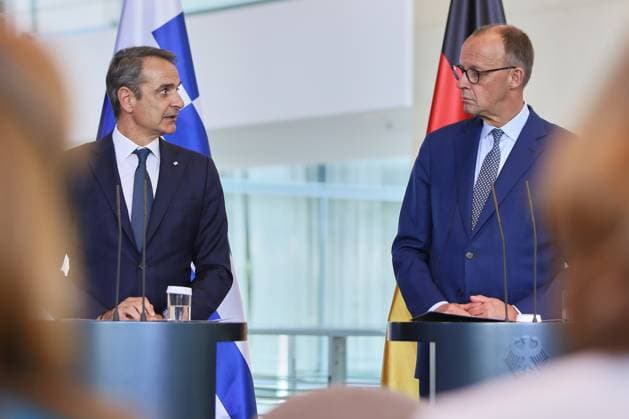 Berlin, Germany, 13 05 2025 Federal Chancellery Reception of the Greek Prime Minister by the German Chancellor Kyriakos Mitsotakis and Federal Chancellor Friedrich Merz CDU Copyright: xdtsxNachrichtenagenturx dts_66715