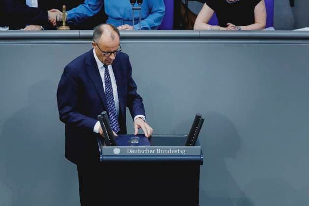 Friedrich Merz CDU , Federal Chancellor, taken during the first government declaration in the German Bundestag as Federal Chancellor in Berlin, 14 05 2025 Berlin Germany Copyright: xFlorianxGaertnerx
