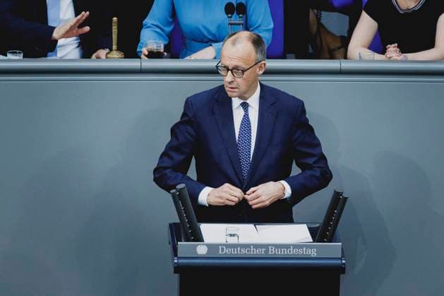 Friedrich Merz CDU , Federal Chancellor, taken during the first government declaration in the German Bundestag as Federal Chancellor in Berlin, 14 05 2025 Berlin Germany Copyright: xFlorianxGaertnerx