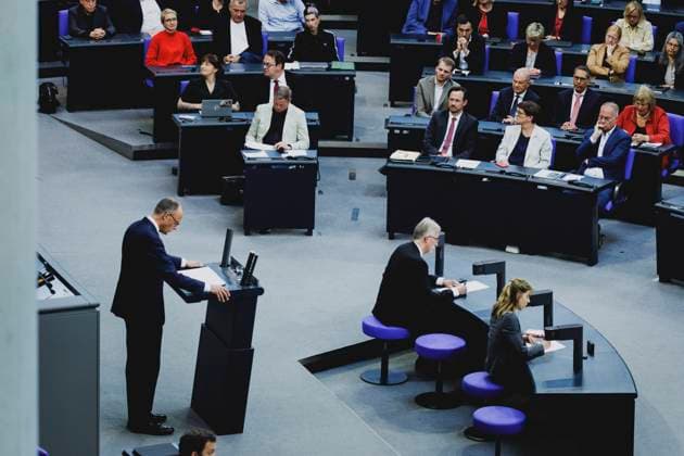 Friedrich Merz CDU , Federal Chancellor, taken during the first government declaration in the German Bundestag as Federal Chancellor in Berlin, 14 05 2025 Berlin Germany Copyright: xFlorianxGaertnerx