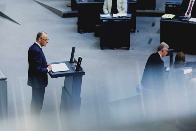 Friedrich Merz CDU , Federal Chancellor, taken during the first government declaration in the German Bundestag as Federal Chancellor in Berlin, 14 05 2025 Berlin Germany Copyright: xFlorianxGaertnerx