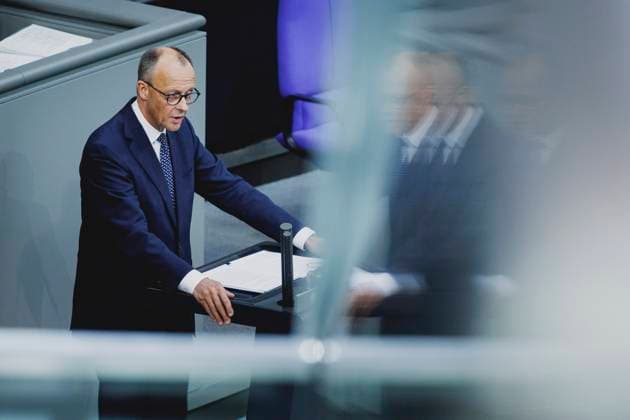 Friedrich Merz CDU , Federal Chancellor, taken during the first government declaration in the German Bundestag as Federal Chancellor in Berlin, 14 05 2025 Berlin Germany Copyright: xFlorianxGaertnerx