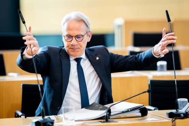 16 PLENARY SESSION OF THE THURINGIAN STATE PARLIAMENT 14 05 2025 Erfurt The Thuringian Minister of the Interior Georg Maier SPD at the 16 plenary session of the Thuringian State Parliament on May 14, 2025