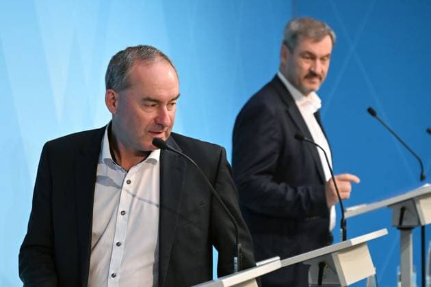 from left Hubert AIWANGER Free Voters, Bavarian Minister of Economic Affairs, Markus SOEDER State Premier of Bavaria and CSU Chairman, press conference after the Defense and Rust Summit on 15 May 2025 at Prinz Carl Palais in Munich