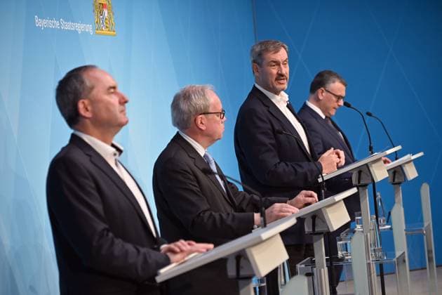 from left Hubert AIWANGER Freie Waehler,Bavarian Minister of Economic Affairs , Dr Hans Christoph Atzpodien Chief Executive of the Federal Association of the German Security and Defense Industry e V Ð BDSV ,Markus SOEDER State Premier of Bavaria and CSU Chairman , Florian HERRMANN CSU,Head of the State Chancellery , Press