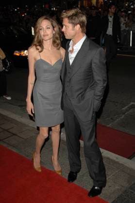 2007 Toronto International Film Festival BRAD PITT & ANGELINA JOLIE At The Assassination of Jesse James by the Coward Robert Ford Premiere during the 2007 Toronto International Film Festival held at the Elgin Theatre, Toronto, Ontario, Canada, 08 September 2007. full length couple grey dress waistcoat jacket pinstripe suit waistcoat three-piece three piece 3 3-piece brown beige Christian Louboutin shoes CAP TL Tony Lee Ontario Canada Copyright: xTonyxLee CapitalxPicturesx