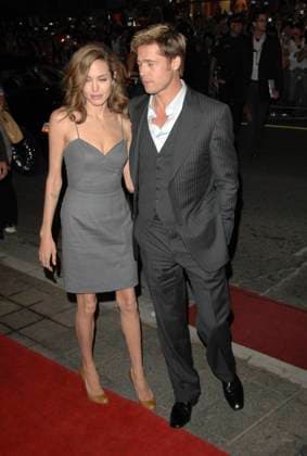2007 Toronto International Film Festival BRAD PITT & ANGELINA JOLIE At The Assassination of Jesse James by the Coward Robert Ford Premiere during the 2007 Toronto International Film Festival held at the Elgin Theatre, Toronto, Ontario, Canada, 08 September 2007. full length couple grey dress waistcoat jacket pinstripe suit waistcoat three-piece three piece 3 3-piece brown beige Christian Louboutin shoes funny eyes blinking CAP TL Tony Lee Ontario Canada Copyright: xTonyxLee CapitalxPicturesx