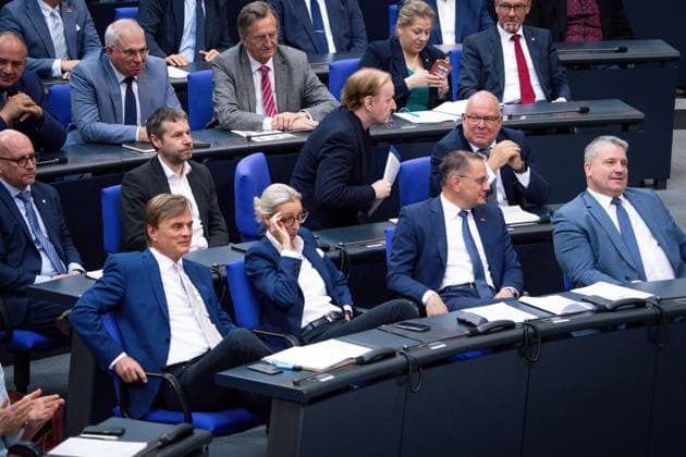German Bundestag, 5 plenary session AfD parliamentary group with Alice Weidel and Tino Chrupalla in the plenary at the 5 session of the German Bundestag in Berlin, 16 05 2025 Berlin Berlin Germany