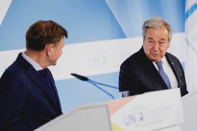 L R Johann Wadephul CDU , Federal Foreign Minister, and Antonio Guterres, Secretary-General of the United Nations, at a press conference on the UN Peacekeeping Ministerial 2025 Berlin, 14 05 2025 Photographed on behalf of the Federal Foreign Office Berlin Germany Copyright: xFlorianxGaertner AAx