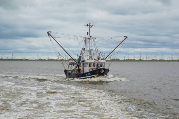The fishing trawler ACC2 sails off the East Frisian coast in the Wadden Sea near Baltrum, Lower Saxony, Germany