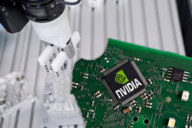 Bavaria, Germany - May 21, 2025: PHOTO ASSEMBLY, A robot arm of a robot next to a circuit board with a visible NVIDIA chip. Symbolic image for the influence of semiconductor manufacturers on automation, AI development and technology supply chains worldwide.