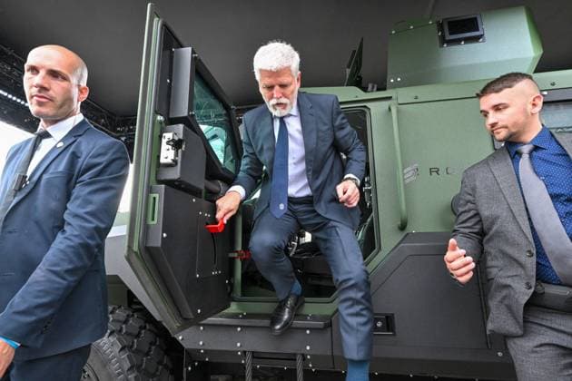 Czech President Petr Pavel (centre) attends international defence and security technology fair IDET, international fire technology and services fair Pyros and international security technology and services fair ISET in Brno, Czech Republic, May 28, 2025. Pictured Senator armored vehicle in Omnipol stand. (CTKxPhoto VaclavxSalek) CTKPhotoP2025052804308  CTKPhotoP2025052804308