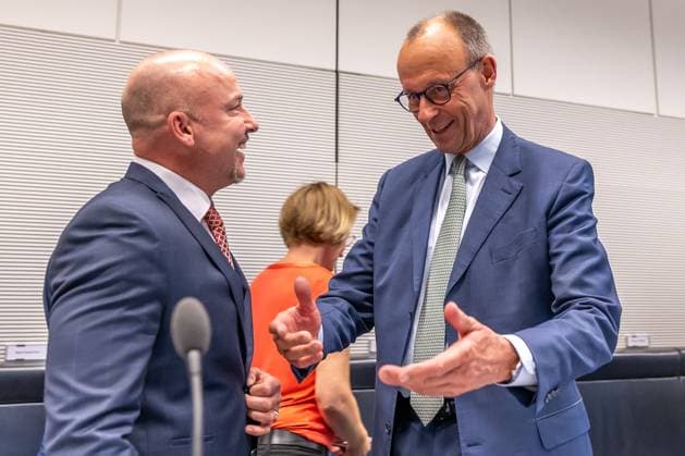 Parliamentary group meeting CDU CSU Federal Chancellor Friedrich Merz CDU and Alexander Hoffmann, CSU regional group chairman at a parliamentary group meeting on 3 06 2025 in Berlin Berlin Berlin Germany Bundestag