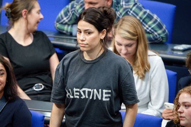 German Bundestag, 9th plenary session CansÄ±n Koektuerk Die Linke with a T-shirt with the inscription Palestina in the plenary at the 9th session of the German Bundestag in Berlin The President of the Bundestag expelled Ms. Koektuerk from the plenary because this is against the rules of the hall and Ms. Koektuerk refused to cover the inscription 04 06 2025 Berlin