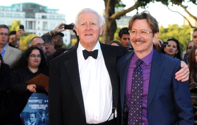 The Tinker, Tailor, Soldier, Spy UK premiere JOHN LE CARRE & GARY OLDMAN The Tinker, Tailor, Soldier, Spy UK premiere, BFI Southbank cinema, Belvedere Rd., London, England. September 13th, 2011 half length black suit moustache mustache facial hair tuxedo pink shirt blue CAP CJ Chris Joseph London Great Britain Copyright: xChrisxJoseph CapitalxPicturesx