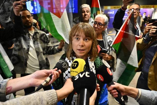 Swedish activist Greta Thunberg talks to journalists as she arrives at Arlanda airport outside Stockholm, Sweden, on June 10, 2025 Thunberg was deported from Israel on Tuesday, after she was detained along with other activists aboard the aid sailship Madleen heading for Gaza on Sunday STOCKHOLM SWEDEN x10040x  Copyright: xAndersxWiklund TTx GRETA THUNBERG ARLANDA GdAonuJwXi8