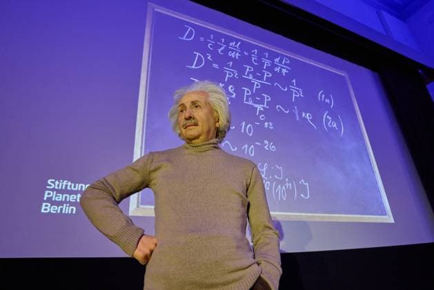 The wax figure of Albert Einstein 110th anniversary of Albert Einsteins General Theory of Relativity, which he first presented to the public in 1915 in the Archenhold Observatory, he stands as a wax figure on stage in the Einstein Hall of the Archenhold Observatory in Berlin on 11 06 2025 Madame Tussauds Berlin wax figure of Albert Einstein