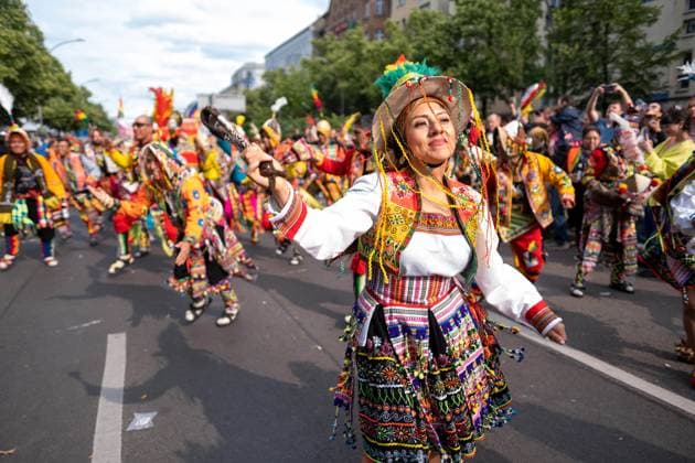 Parade for the 27th Carnival of Cultures moves through Berlin Friedrichshain About 4000 dancers in about 70 different groups and floats take part in the parade Parade for the 27th Carnival of Cultures moves through Berlin Friedrichshain About 4000 dancers in about 70 different groups and floats take part in the parade snapshot photography K M Krause