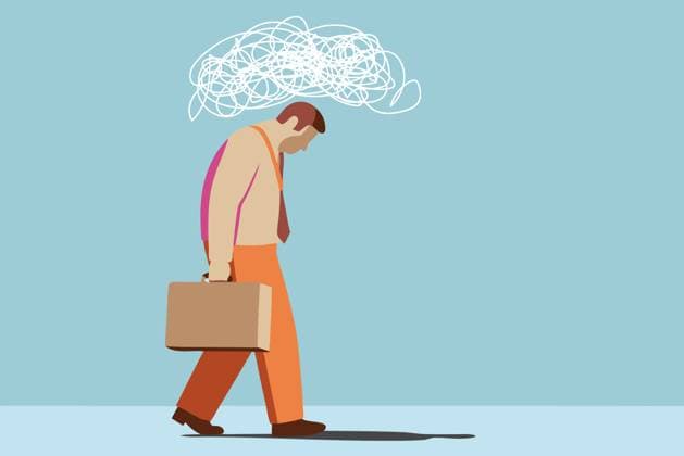 Dejected businessman with tangled thoughts cloud. Mental health concept. A dejected businessman walks carrying a briefcase, with a scribbled cloud above his head symbolizing stress and depression, portrayed against a simple blue background. Model Released AdalbertoRodriguez_ID29172_890766_005 Copyright: xAdalbertoxRodriguezx RECORD DATE NOT STATED