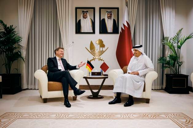 Johann Wadephul CDU , Federal Foreign Minister, meets Mohammed bin Abdulrahman AI Thani, Prime Minister and Foreign Minister of Qatar for talks in Doha, 14 06 2025 Photographed on behalf of the Federal Foreign Office AA Doha Qatar Copyright: xFelixxZahn AAx