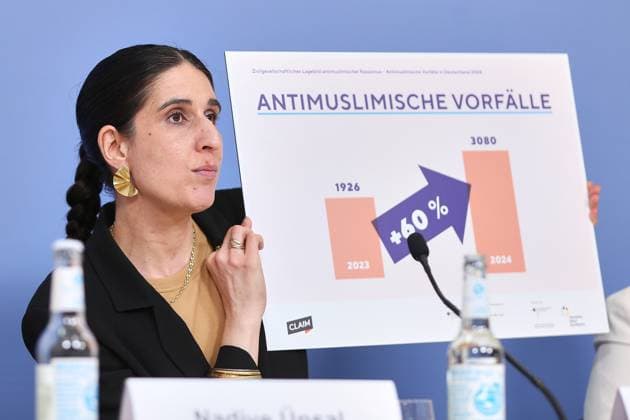 Berlin, Germany, 17 06 2025 Haus der Bundespressekonferenz Press conference CLAIM Situation picture anti-Muslim racism 2024 Rima Hanano holds up a graphic Copyright: xdtsxNachrichtenagenturx dts_71194
