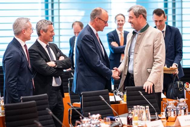 Federal Chancellor Friedrich Merz on the left together with the Bavarian Minister President Markus Söder in the conference room of the Federal Chancellery Opening pictures Consultation with the heads of government of the federal states MPK in the Federal Chancellery , Berlin Berlin Germany Federal Chancellery