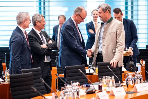 Federal Chancellor Friedrich Merz on the left together with the Bavarian Minister President Markus Söder in the conference room of the Federal Chancellery Opening pictures Consultation with the heads of government of the federal states MPK in the Federal Chancellery , Berlin Berlin Germany Federal Chancellery