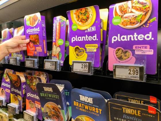 Bavaria, Germany - June 23, 2025: planted brand vegan meat substitutes on supermarket shelves. The picture shows different plant-based variants such as steak, duck and bratwurst as an alternative to animal-based foods.
