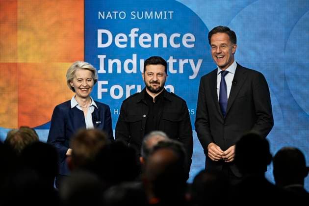 THE HAGUE, THE NETHERLANDS 20250624 EU Commission President Ursula von der Leyen, Ukrainian President Volodymyr Zelenskyj and NATO Secretary General Mark Rutte at the NATO Defense Industry Forum during the NATO Summit in The Hague THE NETHERLANDS x10050x  Copyright: xPontusxLundahl TTx NATOSUMMIT 2025 mCRUnjDhfnA