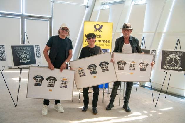 Germany, Bonn, 01 07 2025 Deutsche Post honors the successful rock band Scorpions on the occasion of their 60th stage anniversary with a special limited stamp edition Photo from left to right Matthias Jabs, Klaus Meine and Rudolf Schenker, members of the Scorpions For your archive