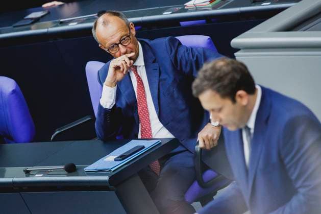 L R Friedrich Merz CDU , Federal Chancellor, and Lars Klingbeil, Federal Minister of Finance, pictured during the budget debate in the German Bundestag in Berlin, 08 07 2025 Berlin Germany Copyright: xFlorianxGaertnerx