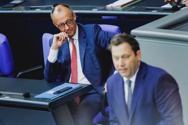L R Friedrich Merz CDU , Federal Chancellor, and Lars Klingbeil, Federal Minister of Finance, pictured during the budget debate in the German Bundestag in Berlin, 08 07 2025 Berlin Germany Copyright: xFlorianxGaertnerx