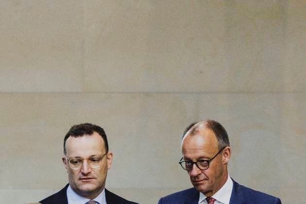 L R Jens Spahn, Chairman of the CDU CSU parliamentary group in the German Bundestag, and Friedrich Merz CDU , Federal Chancellor, recorded during the budget debate in the German Bundestag in Berlin, 08 07 2025 Berlin Germany Copyright: xFlorianxGaertnerx