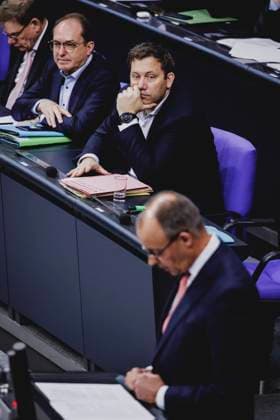 R L Friedrich Merz CDU , Federal Chancellor, Lars Klingbeil, Federal Minister of Finance, Alexander Dobrindt CSU , Federal Minister of the Interior, and Johann Wadephul CDU , Federal Minister of Foreign Affairs, recorded during the general debate on the 2025 budget in the German Bundestag in Berlin, 09 07 2025 Berlin Germany Copyright: xFlorianxGaertnerx