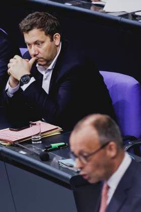 R L Friedrich Merz CDU , Federal Chancellor, and Lars Klingbeil, Federal Minister of Finance, recorded during the general debate on the 2025 budget in the German Bundestag in Berlin, 09 07 2025 Berlin Germany Copyright: xFlorianxGaertnerx