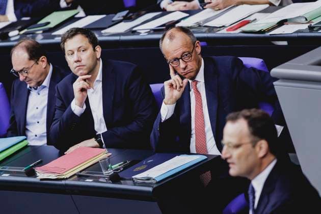 R L Jens Spahn, Chairman of the CDU CSU parliamentary group in the German Bundestag, Friedrich Merz CDU , Federal Chancellor, Lars Klingbeil, Federal Minister of Finance, and Alexander Dobrindt CSU , Federal Minister of the Interior, recorded during the general debate on the 2025 budget in the German Bundestag in Berlin, 09 07 2025 Berlin Germany Copyright: xFlorianxGaertnerx
